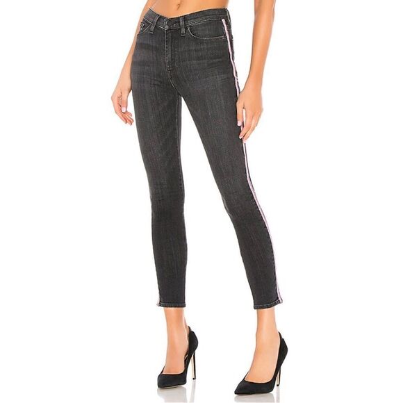 Hudson Jeans Barbara High Rise Track Stripe Super Skinny Jeans in Dark Raven - Picture 1 of 16